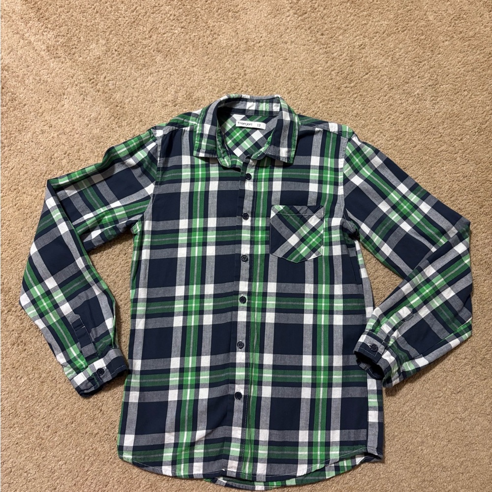 Green and Blue Plaid Button-Up Shirt, Boy’s size 12, long sleeve, fall, winter